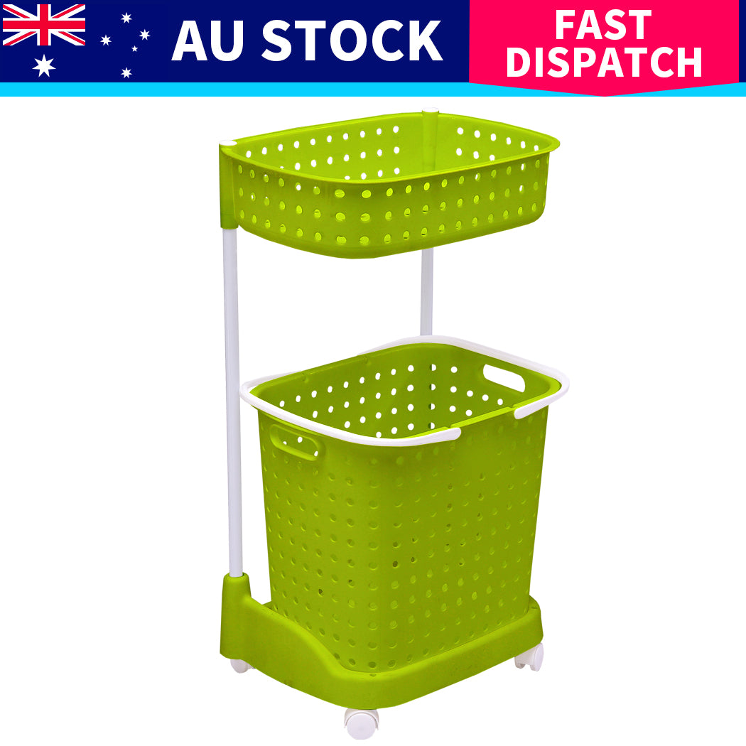 2 Tier Bathroom Laundry Clothes Baskets Bin Hamper Mobile Rack Removable Shelf
