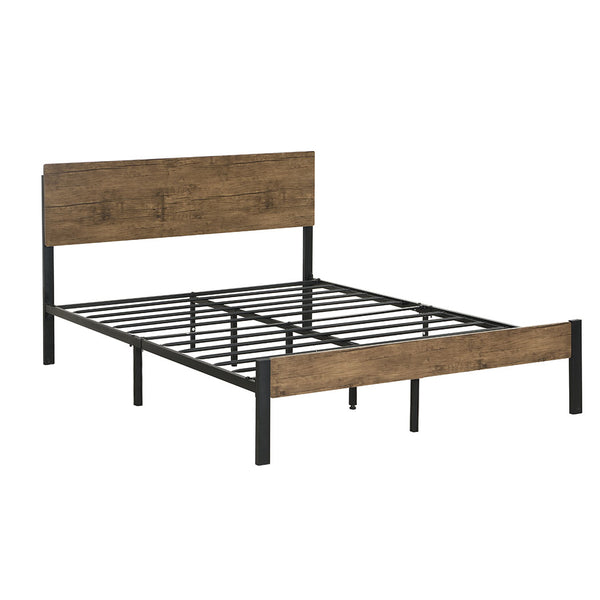  Metal Bed Frame Queen Size Mattress Base Platform Wooden Headboard Brown