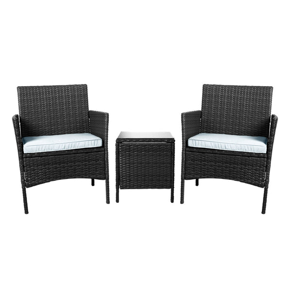  3 Pcs Chair Table Rattan Wicker Outdoor Furniture Black