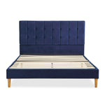 Bed Frame Double Size Mattress Base Platform Wooden Velevt Headboard Blue