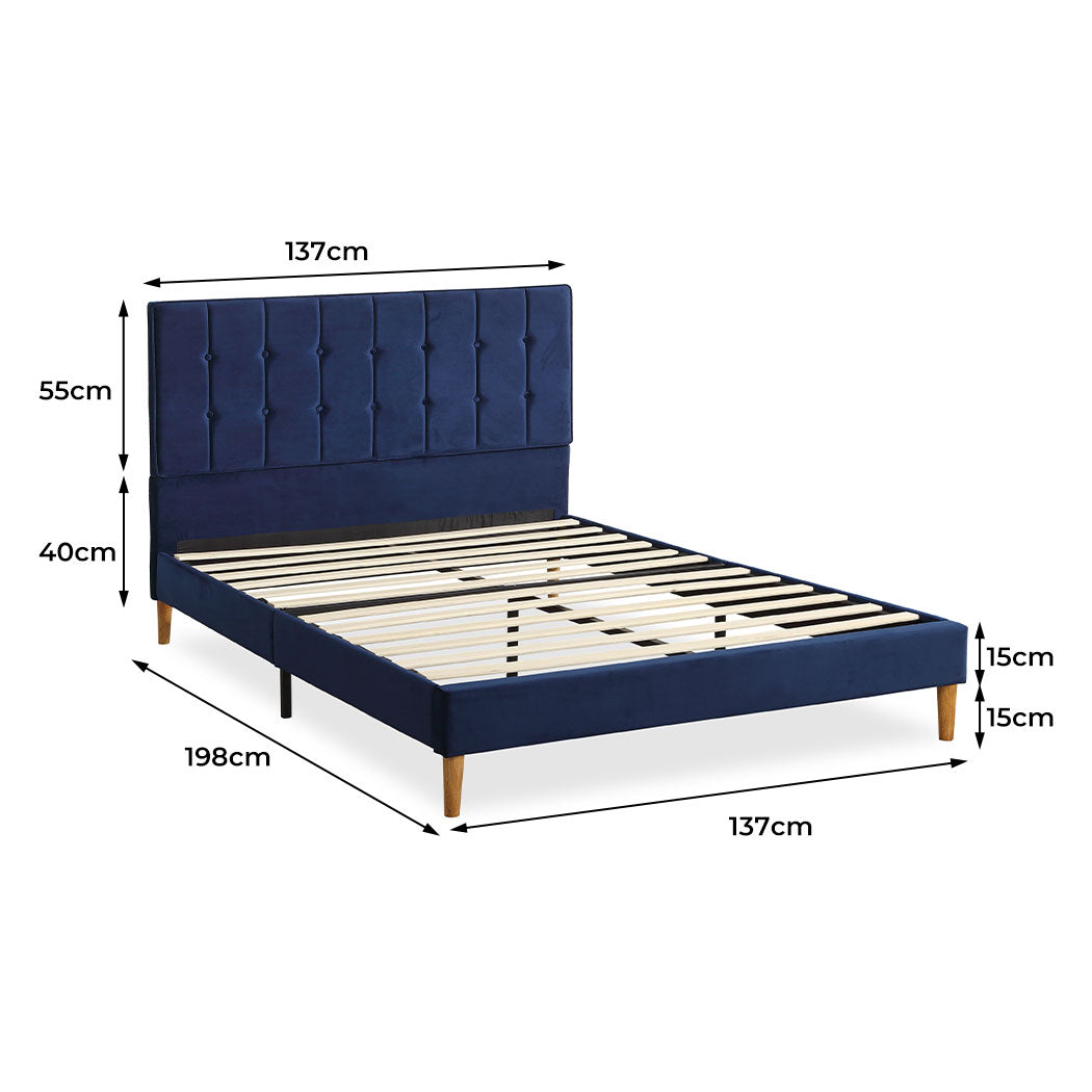 Bed Frame Double Size Mattress Base Platform Wooden Velevt Headboard Blue