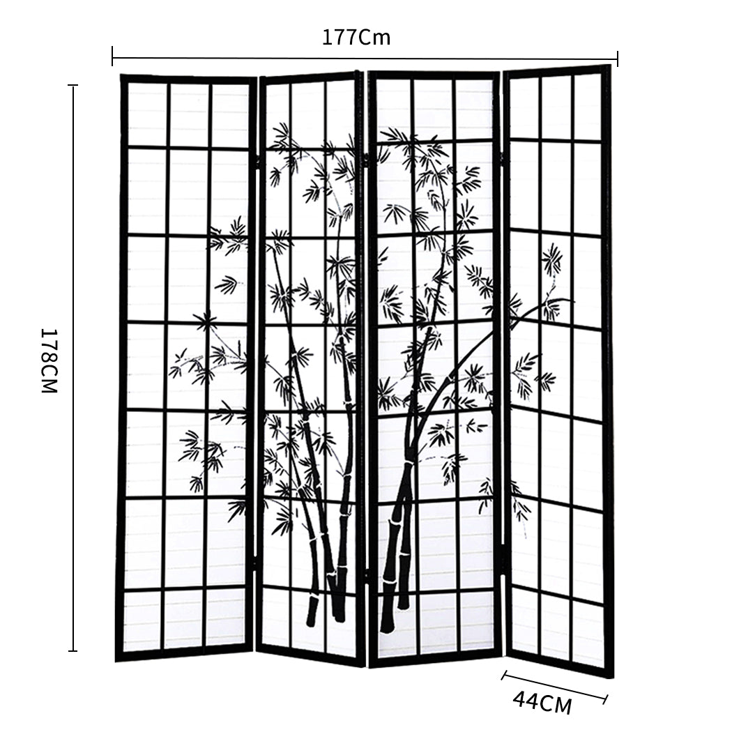 4 Panel Room Divider Screen Door Stand Privacy Fringe Wood Fold Bamboo