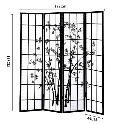 4 Panel Room Divider Screen Door Stand Privacy Fringe Wood Fold Bamboo