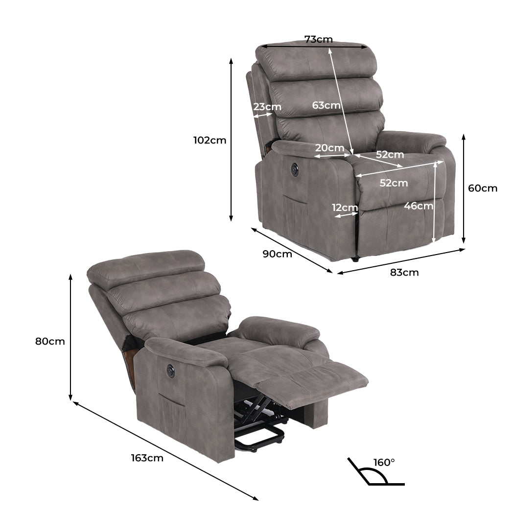 Recliner Chair Electric Lift Chair Armchair Lounge Sofa Grey USB Charge