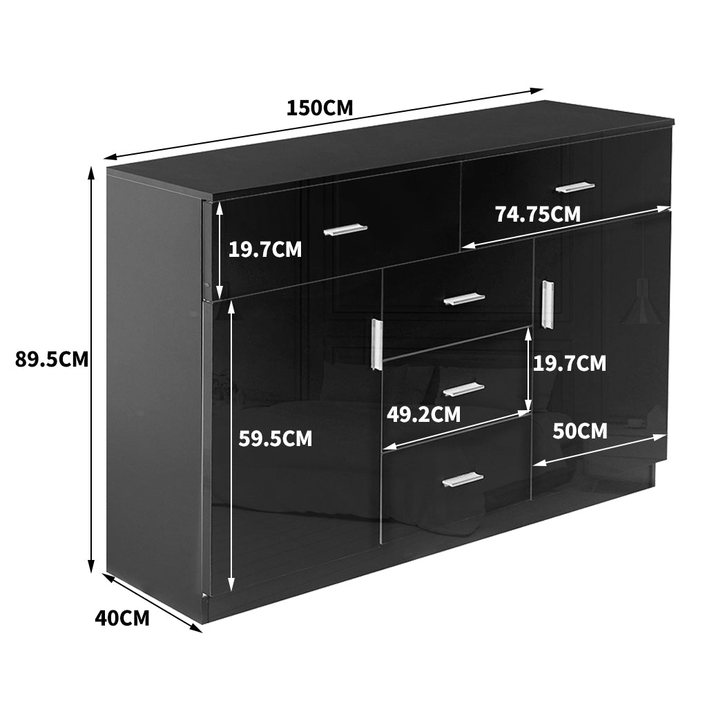 Buffet Sideboard Storage Cabinet Modern High Gloss Cupboard Drawers Black