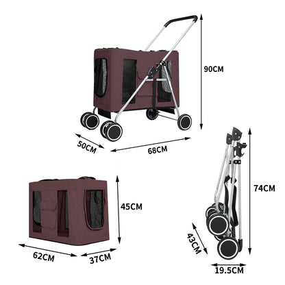 4 Wheels Pushchair Foldable Pet Stroller - Brown