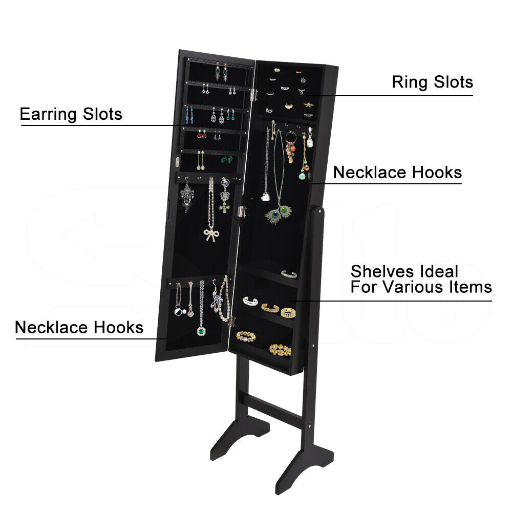 Mirror Two Doors Jewellery Cabinet Makeup Storage Jewelry Organiser Box-JB1005-BK