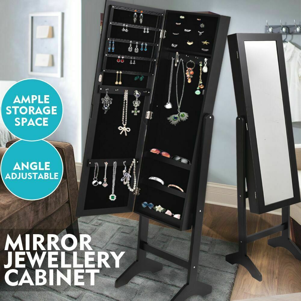 Mirror Two Doors Jewellery Cabinet Makeup Storage Jewelry Organiser Box-JB1005-BK