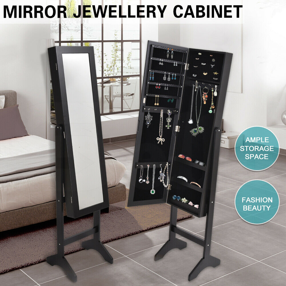 Mirror Two Doors Jewellery Cabinet Makeup Storage Jewelry Organiser Box-JB1005-BK