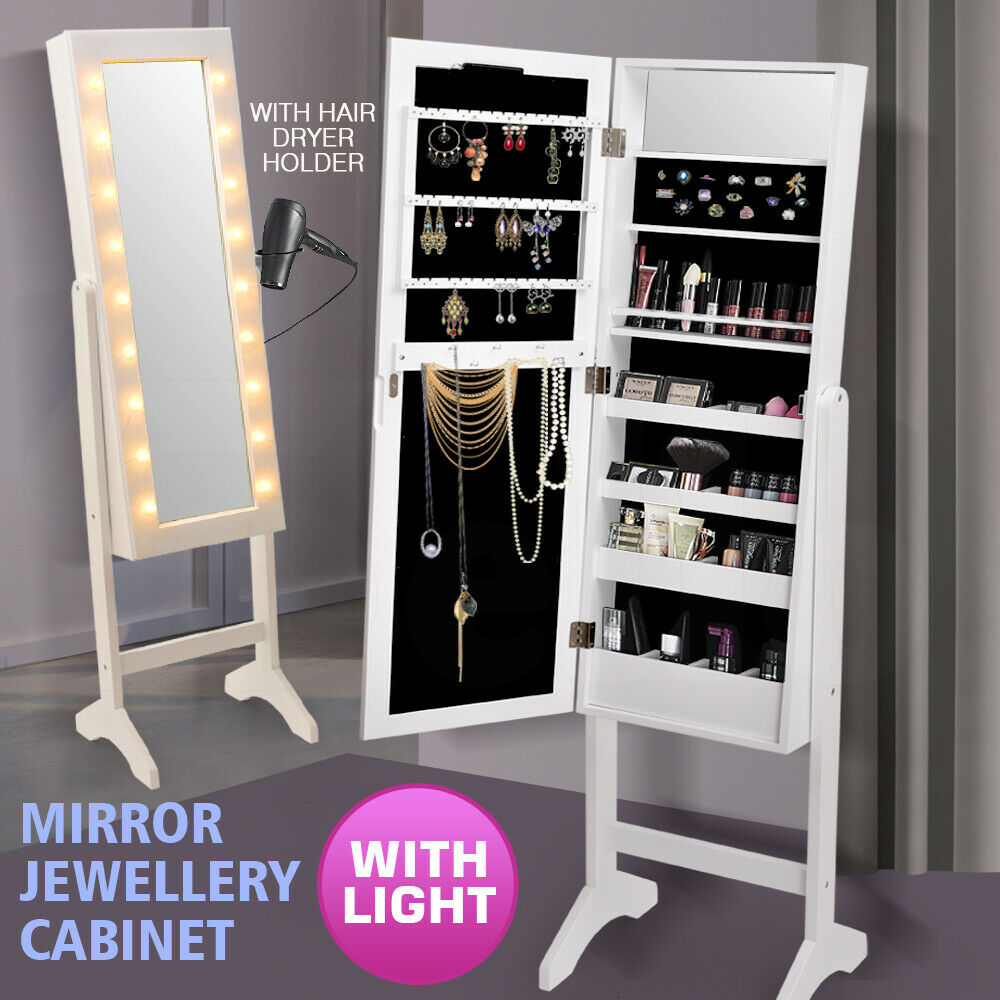 Mirror Jewellery Cabinet Dressing Makeup Jewelry Storage  Organiser Wood