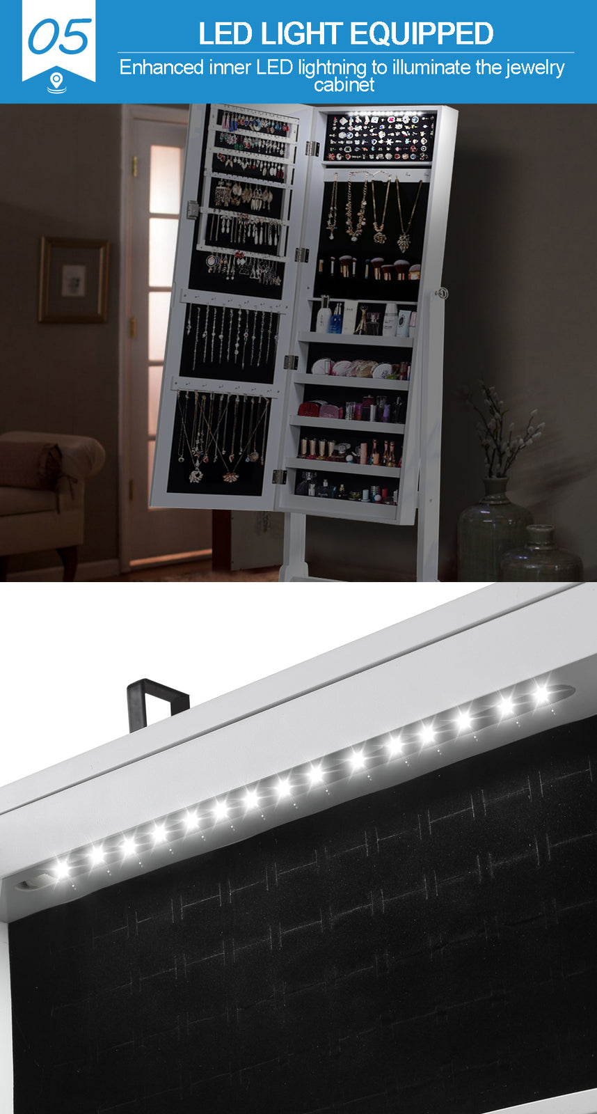 Dual Use Mirrored Jewellery Dressing Cabinet with LED Light Black Colour
