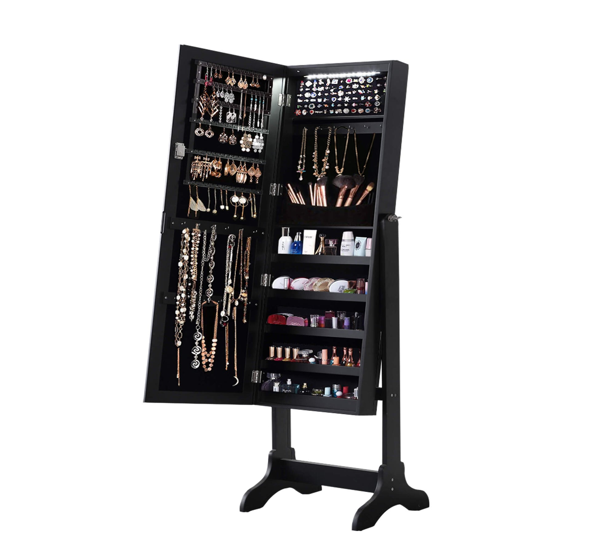 Dual Use Mirrored Jewellery Dressing Cabinet with LED Light Black Colour