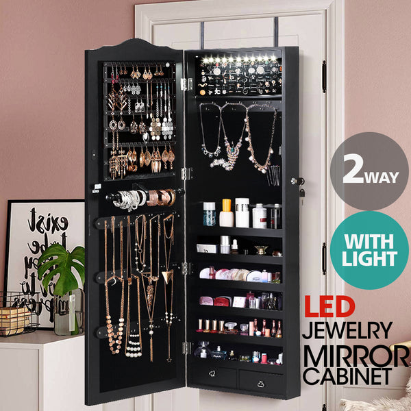  Mirror Jewellery Cabinet Makeup Storage Ear Ring Necklace Box Organiser with LED