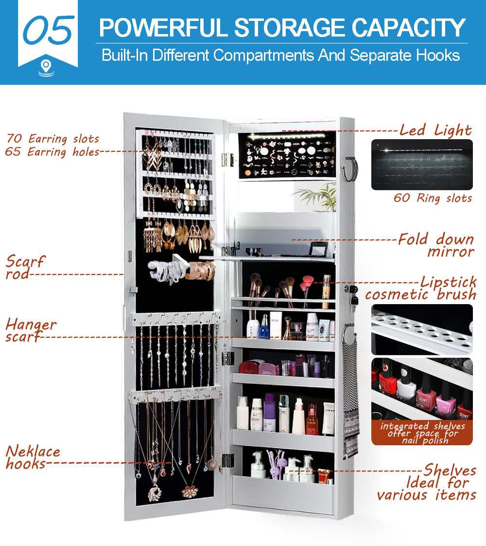 Wall Mounted or Hang Over Mirror Jewellery Cabinet in White Colour
