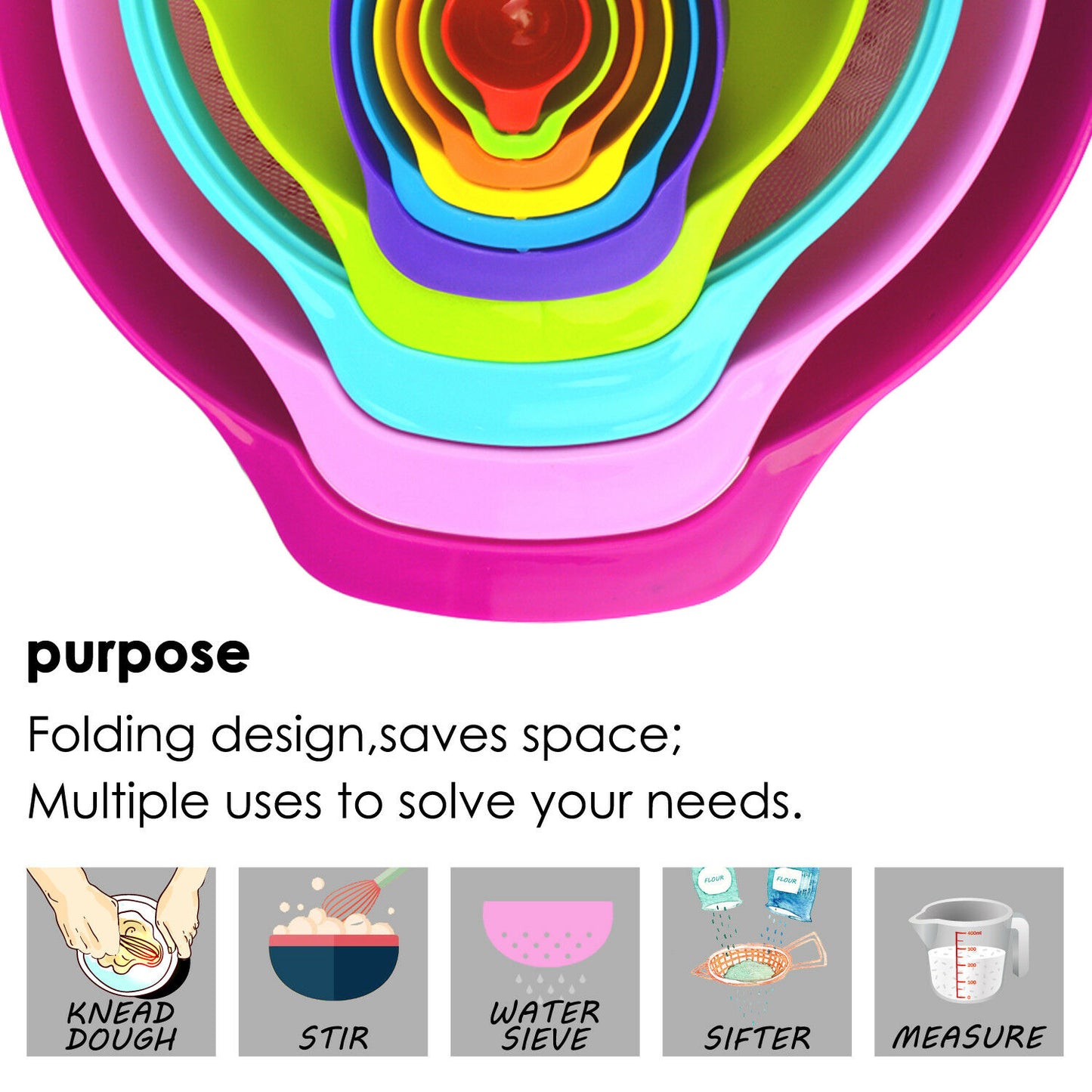 10 Pcs Nesting Rainbow Measuring Cups Mixing Bowls with Handles Sieve Spoon