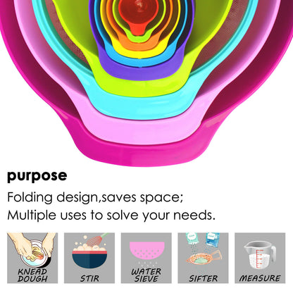 10 Pcs Nesting Rainbow Measuring Cups Mixing Bowls with Handles Sieve Spoon