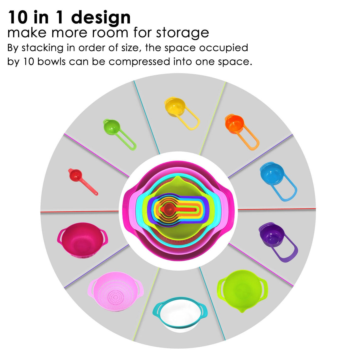 10 Pcs Nesting Rainbow Measuring Cups Mixing Bowls with Handles Sieve Spoon