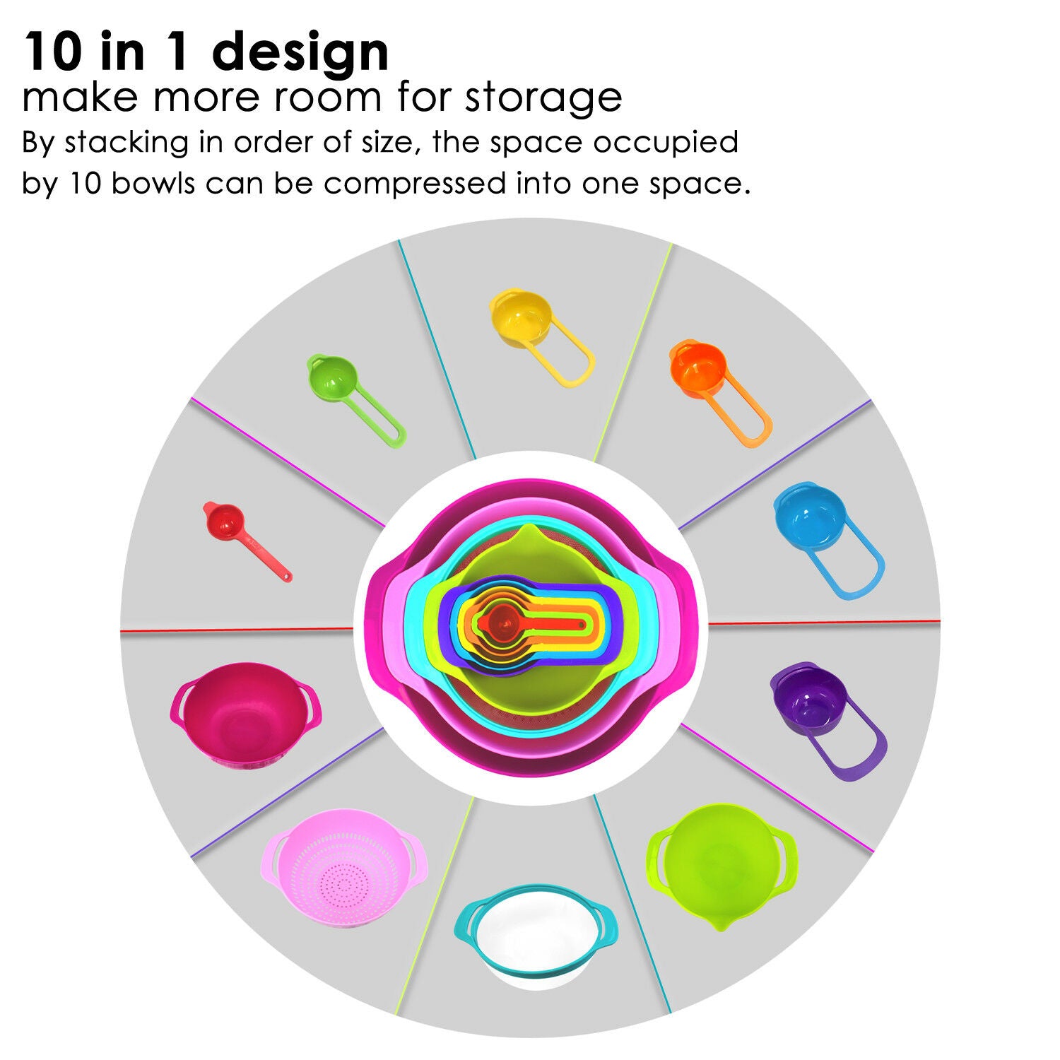 10 Pcs Nesting Rainbow Measuring Cups Mixing Bowls with Handles Sieve Spoon