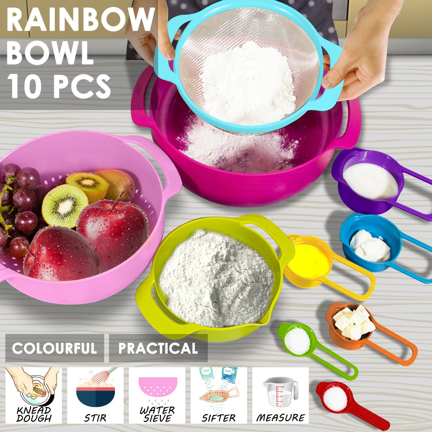 10 Pcs Nesting Rainbow Measuring Cups Mixing Bowls with Handles Sieve Spoon