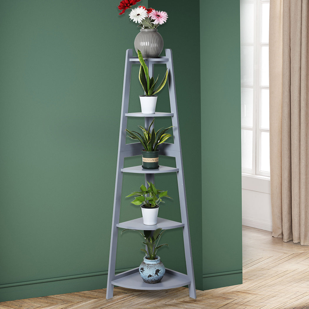 5 Tier Corner Shelf Wooden Storage Plant Stand Grey