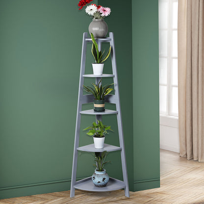 5 Tier Corner Shelf Wooden Storage Plant Stand Grey