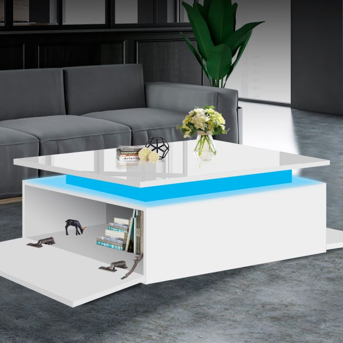 Coffee Table LED Lights High Gloss Storage Drawer Living Room Black/White