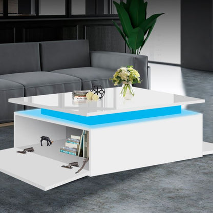 Coffee Table LED Lights High Gloss Storage Drawer Living Room Black/White
