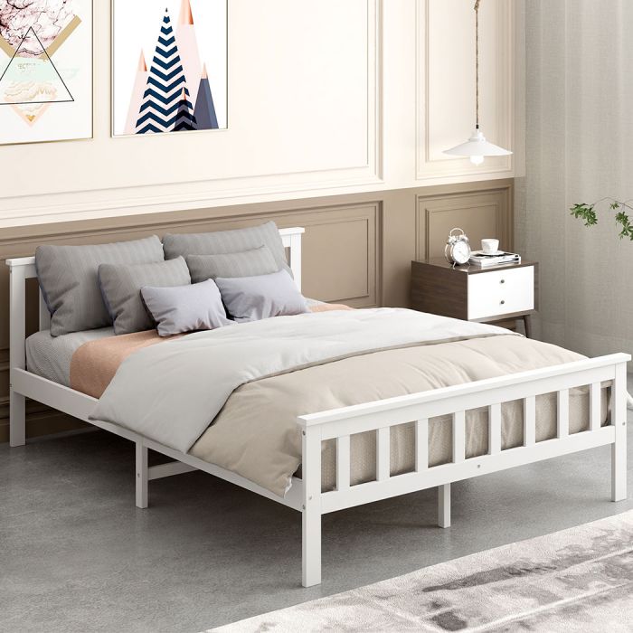 Wooden Mattress Base Solid Timber Pine Bed Frame Queen Size-White ...