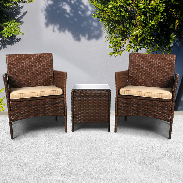  3 Pcs Chair Table Rattan Wicker Outdoor Furniture Brown