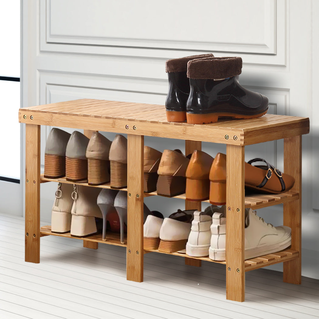Bamboo Shoe Rack Stand Bench 3 TierOrganiser 88cm