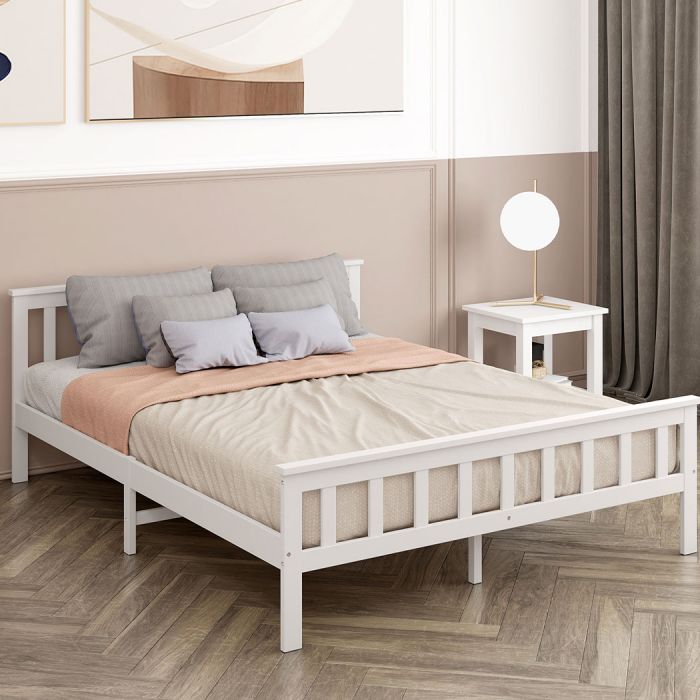 Wooden Mattress Base Solid Timber Pine Bed Frame Queen Size-White