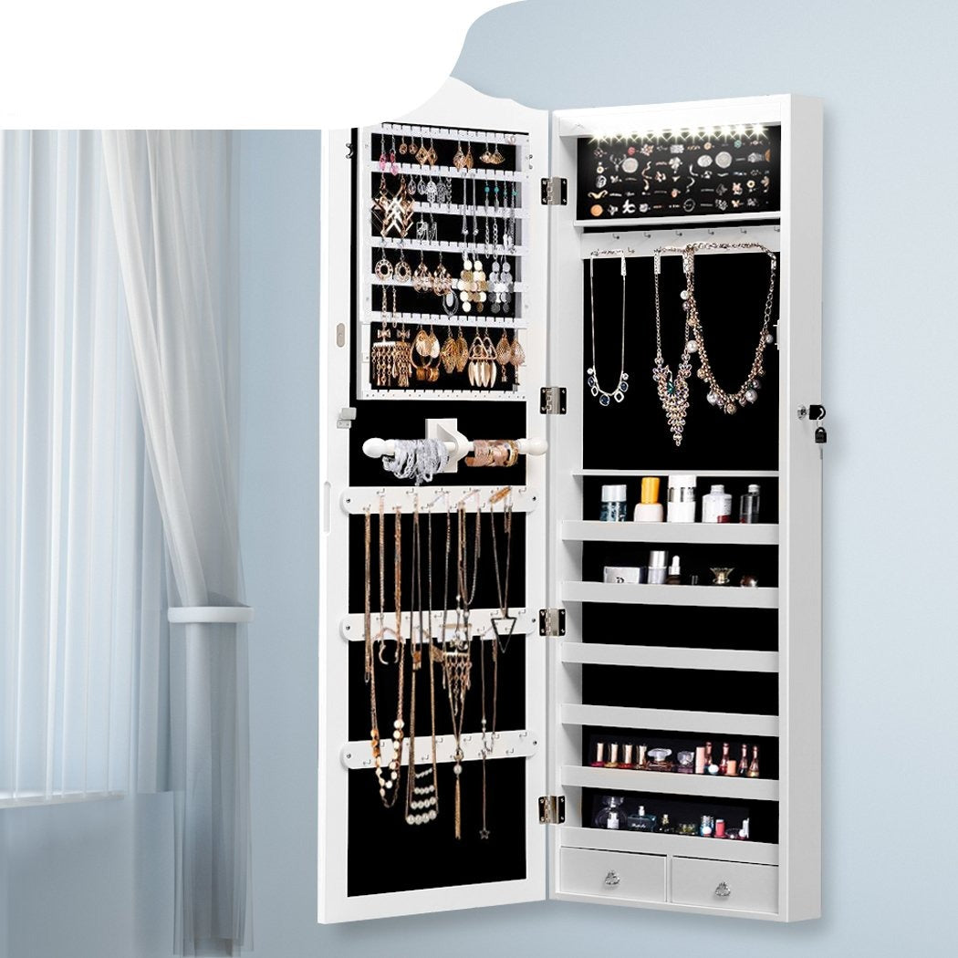 Mirror Jewellery Cabinet Makeup Storage Ear Ring Necklace Box With Led Light New