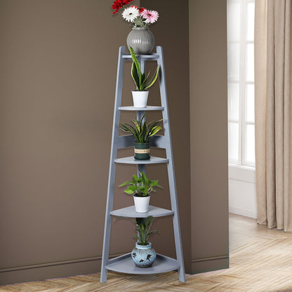 5 Tier Corner Shelf Wooden Storage Plant Stand Grey