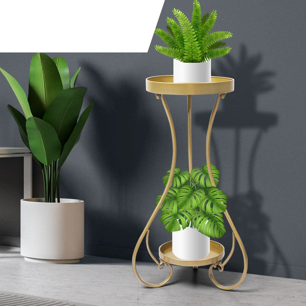 2 Tiers Outdoor Indoor Metal Flower Pots Rack-Gold