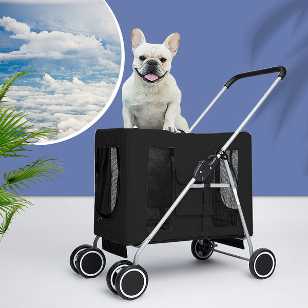  4 Wheels Pushchair Foldable Pet Stroller - Black