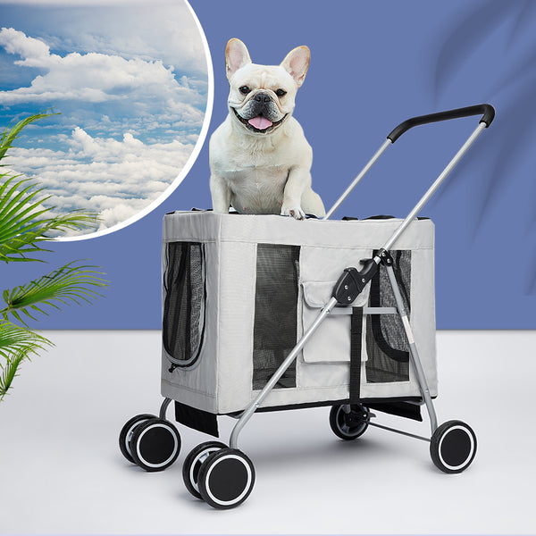 4 Wheels Pushchair Foldable Pet Stroller - Grey
