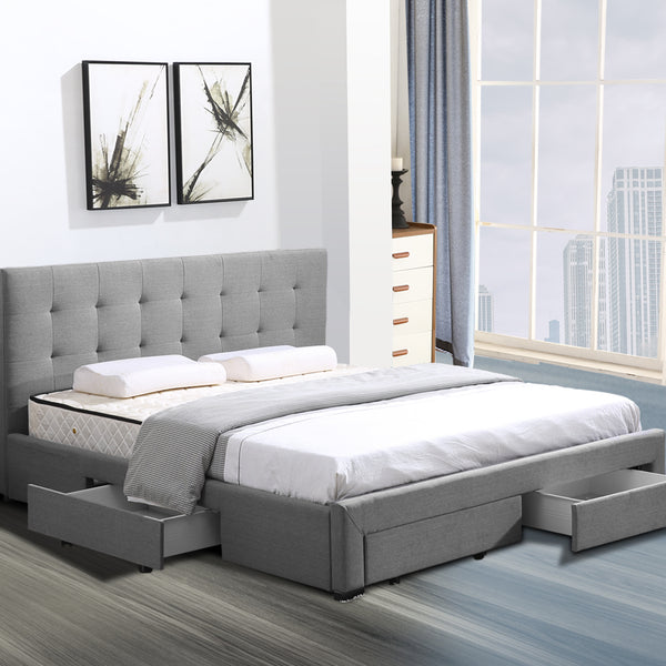  Bed Frame Queen Fabric With Drawers Grey