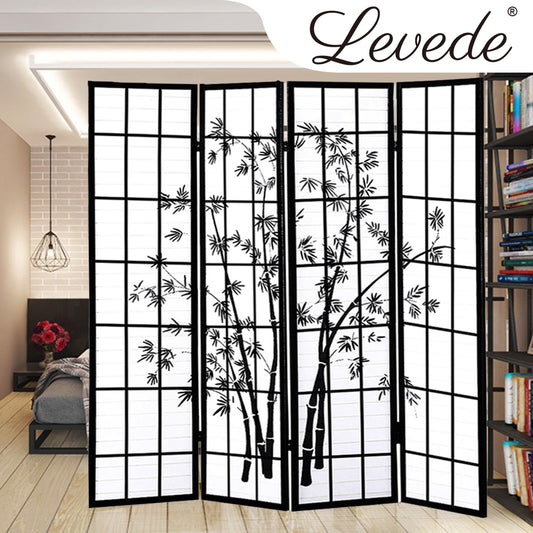 4 Panel Room Divider Screen Door Stand Privacy Fringe Wood Fold Bamboo