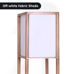 Plastic Etagere Floor Lamp Off-White Fabric Shade in Oak Wood Finish