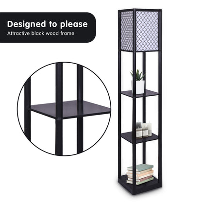 Floor Lamp Diamond Design Fabric Shade with Shelves Black