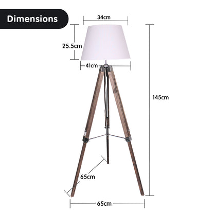 Solid Wood Tripod Floor Lamp Adjustable Height White Linen Taper Shade