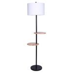 Metal Floor Lamp Shade with  Black Post in Round Wood Shelves