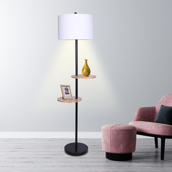 Metal Floor Lamp Shade with  Black Post in Round Wood Shelves