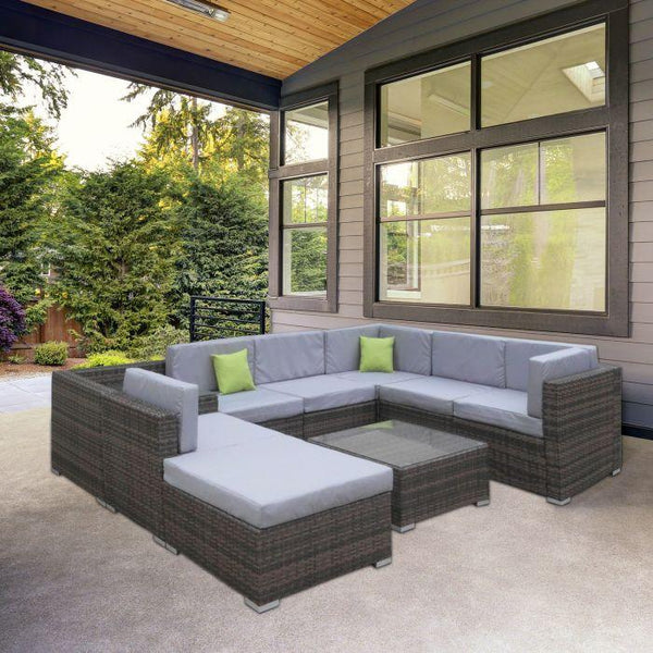  Outdoor 9 Piece Oatmeal Rattan Sofa Set - Black Coating & Grey Seats