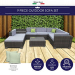 Outdoor 9 Piece Oatmeal Rattan Sofa Set - Black Coating & Grey Seats