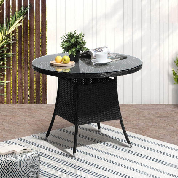  Outdoor Dining Table 90CM Round Rattan Glass Table Patio Furniture Black