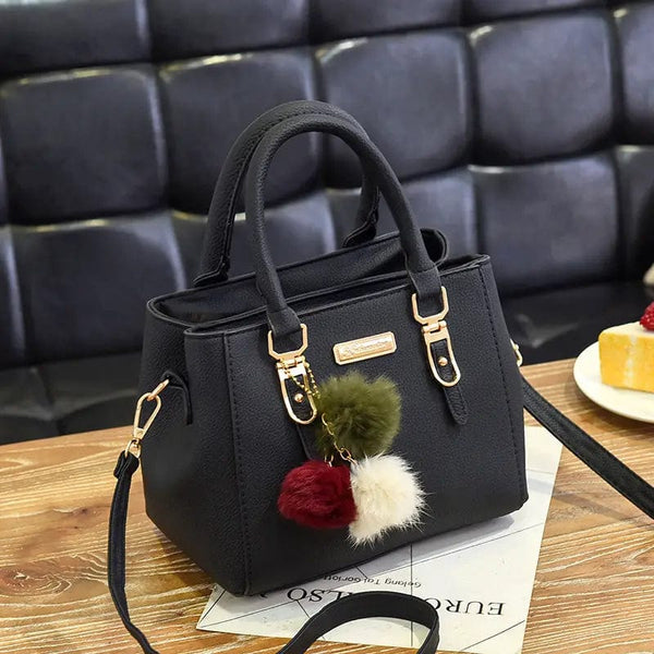  Plush Ball Decor Satchel Bag - Small Top Handle & Crossbody Zipper Shoulder Bag for Casual Style