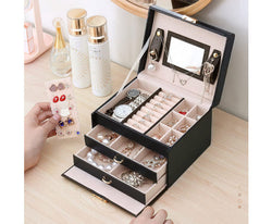 Portable PU leather Travel Jewelry box with three-layer