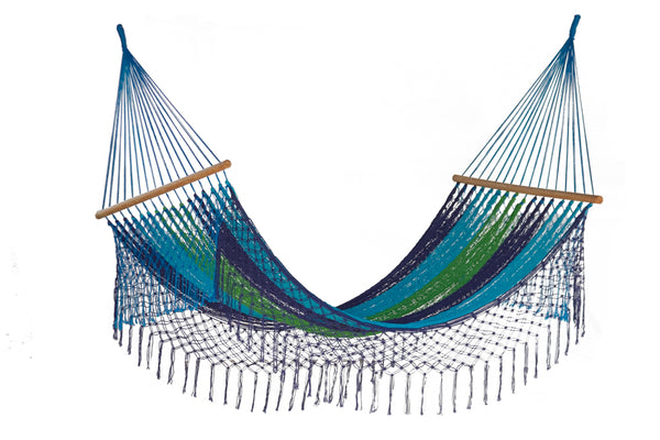  King Size Outdoor Cotton Mexican Resort Hammock With Fringe in Oceanica Colour