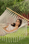 Queen Size Outdoor Cotton Mexican Resort Hammock With Fringe in Cream Colour